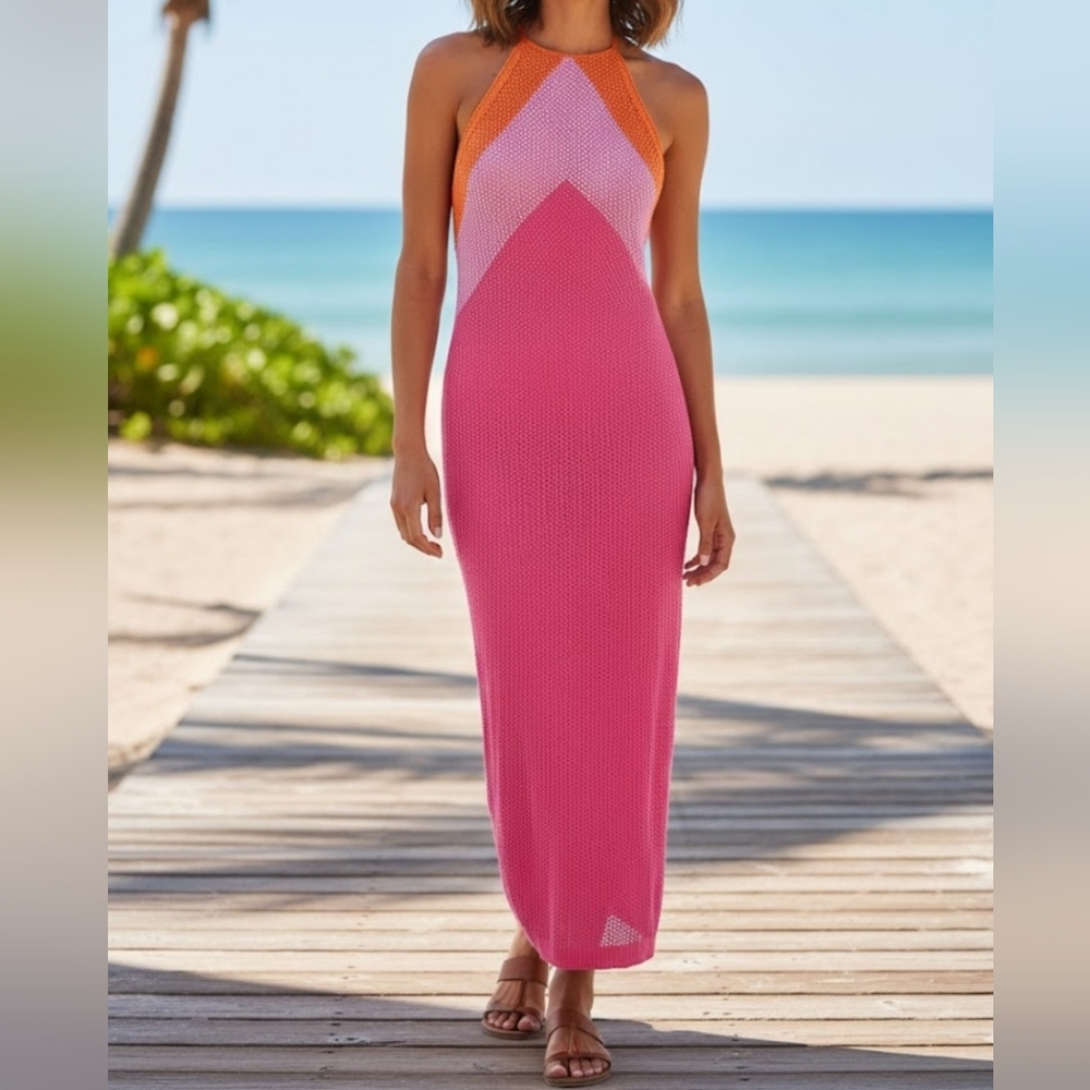 B. Right | Crochet Colorblock Halter Cutout Sleeveless Dress Size M Pink Orange
